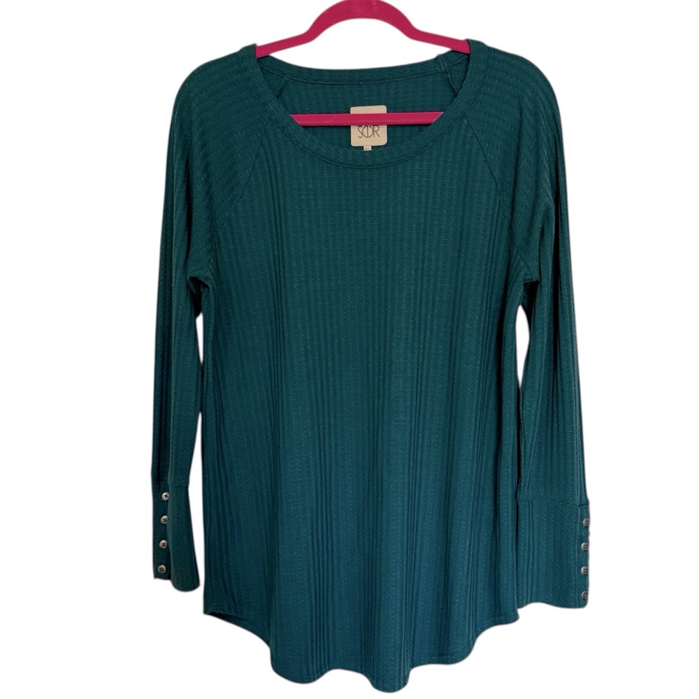 ANTHROPOLOGY CHASER Boho Teal Waffle Knit Long Sleeve Shirt Button-up Cuff Cozy